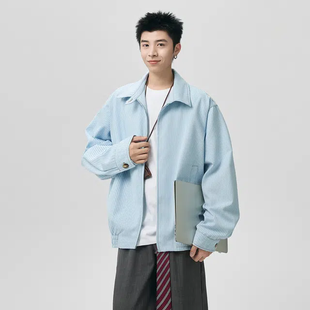 哲源 美式复古简约条纹翻领拉链设计感男款春秋外套潮牌时尚宽松舒适日常百搭高级感休闲夹克 男女同款