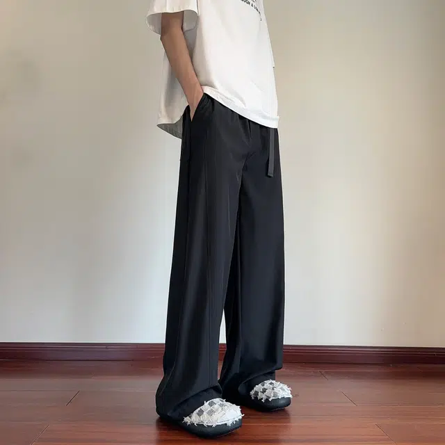 哲源 简约纯色拼接设计冰丝弯刀裤宽松大码直筒垂感阔腿裤百搭舒适通勤飘带设计薄款透气运动休闲裤 男女同款