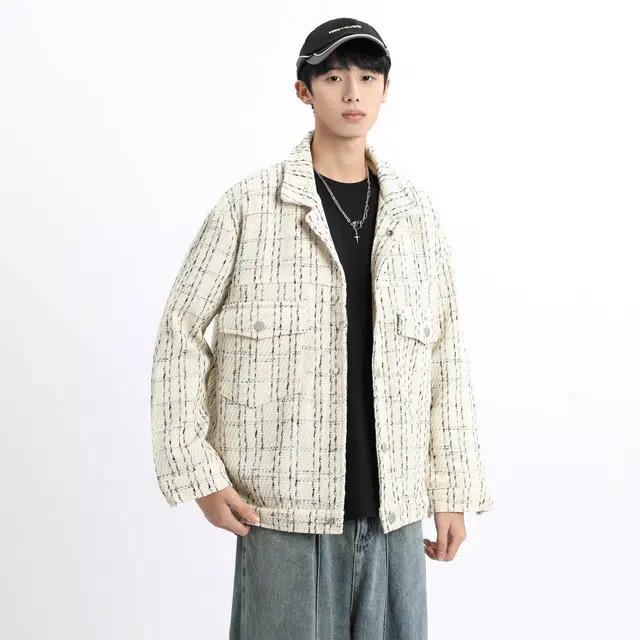 哲源 美式复古小香风格子外套男款春秋设计感大口袋单排扣休闲上衣潮牌日常通勤百搭宽松痞帅高级感修身显瘦翻领工装夹克 男女同款