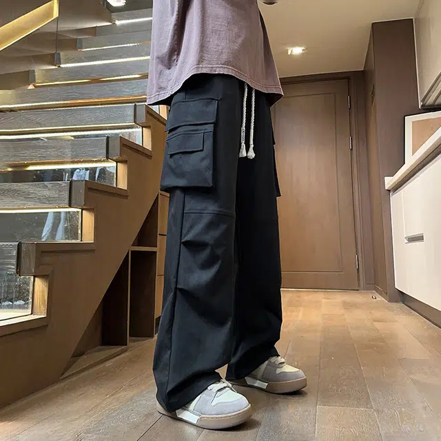 哲源 美式复古高街纯色设计感直筒潮牌百搭宽松垂感阔腿休闲工装裤 男女同款