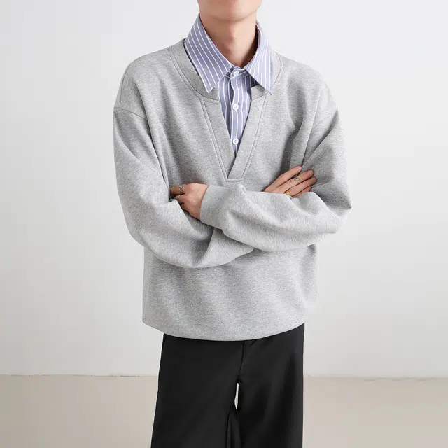 哲源 美式复古学院风长袖简约纯色拼接假两件条纹翻领设计感男款春秋外套潮牌百搭宽松舒适日常通勤时尚痞帅休闲卫衣 男女同款