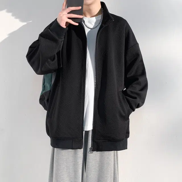 哲源 美式高街复古学院风少年感外套提花满印字母螺纹袖口开衫拉链设计感潮牌百搭宽松舒适时尚休闲夹克 男女同款