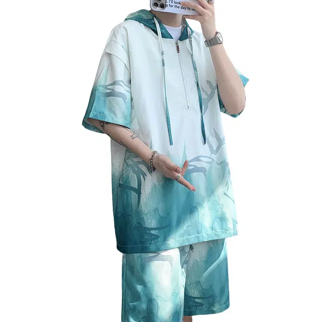 哲源 新中式国风潮流设计小众时尚个性痞帅宽松简约高级感扎染连帽短袖舒适凉感百搭短裤休闲运动套装 男女同款