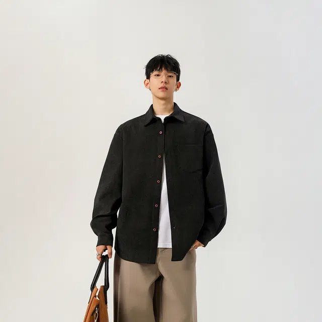 哲源 美式复古高街港风日系学院风纯色条纹设计感上衣潮牌百搭宽松舒适潮流痞帅翻领大码休闲衬衫 男女同款