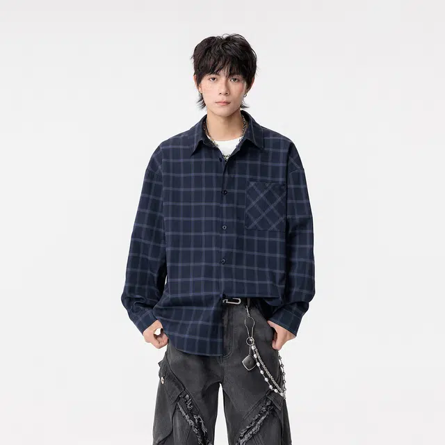 哲源 美式复古学院风格子扎染翻领单排扣百搭宽松舒适休闲长袖衬衫 男女同款