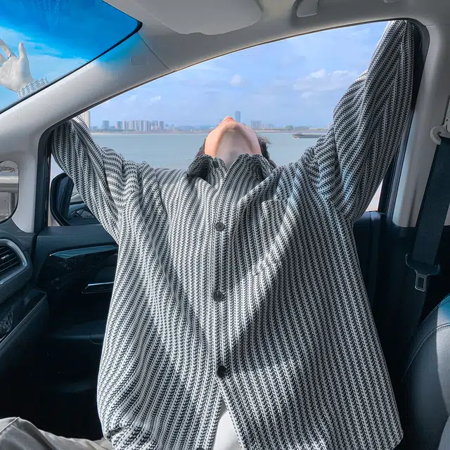 哲源 美式高街学院风秋季复古鱼骨条纹翻领单排扣设计感上衣潮牌百搭宽松舒适慵懒垂感情侣款休闲衬衫 男女同款