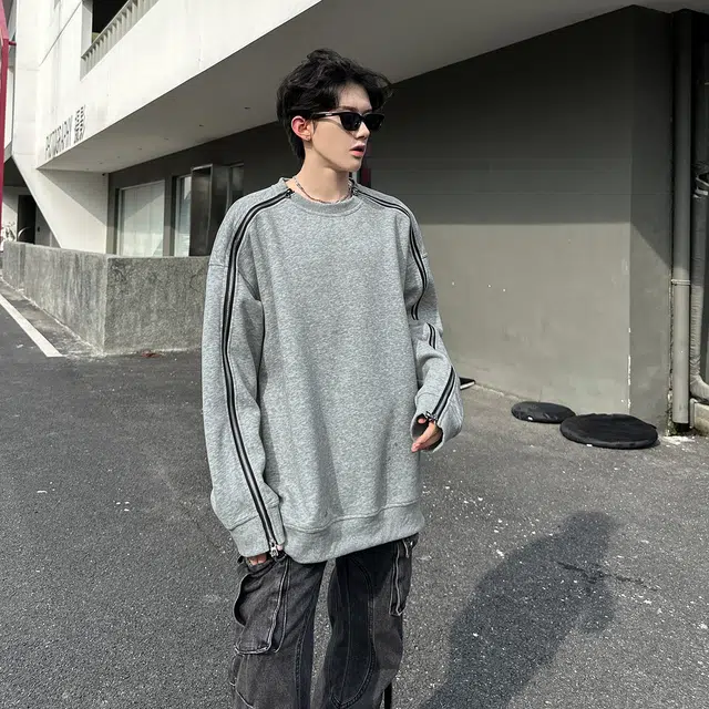 哲源 美式复古华棉长拉链拼接小众设计感男款春秋外套简约纯色圆领套头衫潮牌百搭宽松舒适潮流痞帅无帽休闲卫衣 男女同款