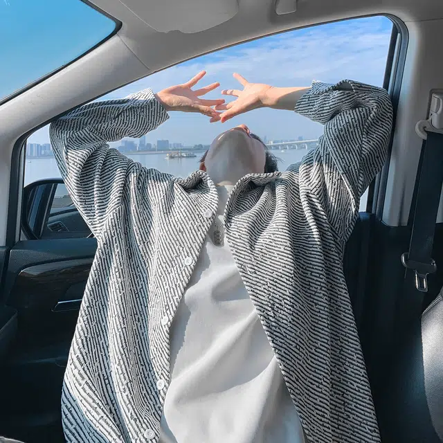 哲源 美式复古简约高街风长袖秋季小香风重磅针织提花条纹设计感上衣潮牌百搭宽松大码日常通勤休闲衬衫 男女同款