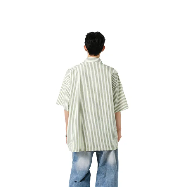 哲源 美式易打理条纹痞帅高级感潮牌宽松大码翻领休闲短袖衬衫 男女同款