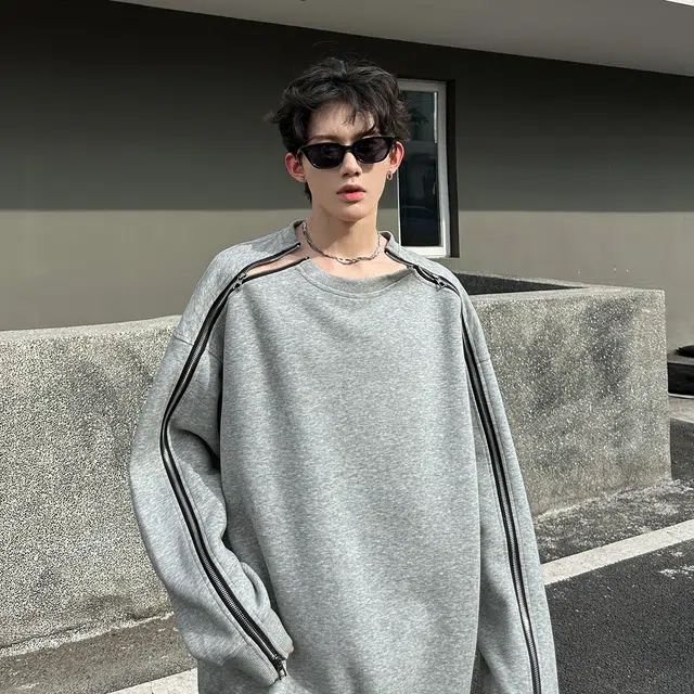 哲源 美式复古华棉长拉链拼接小众设计感男款春秋外套简约纯色圆领套头衫潮牌百搭宽松舒适潮流痞帅无帽休闲卫衣 男女同款