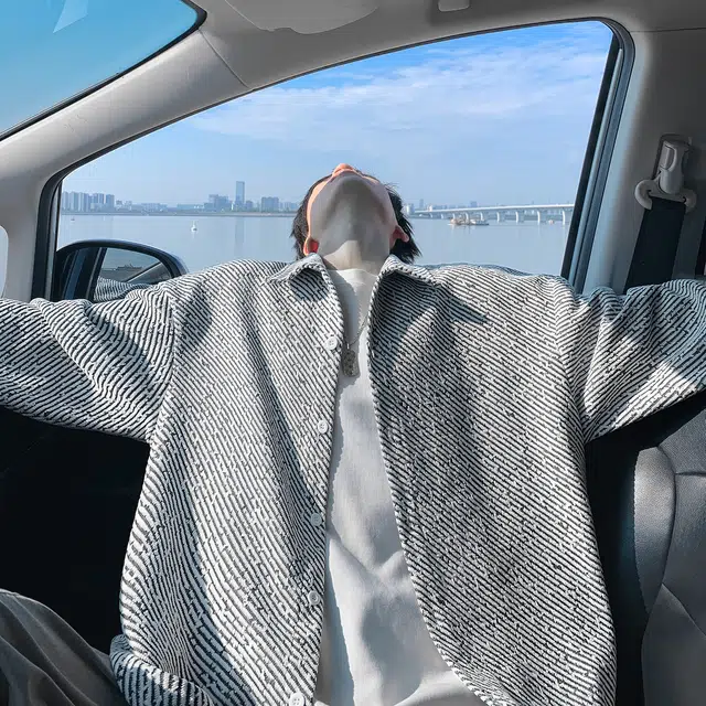 哲源 美式复古简约高街风长袖秋季小香风重磅针织提花条纹设计感上衣潮牌百搭宽松大码日常通勤休闲衬衫 男女同款