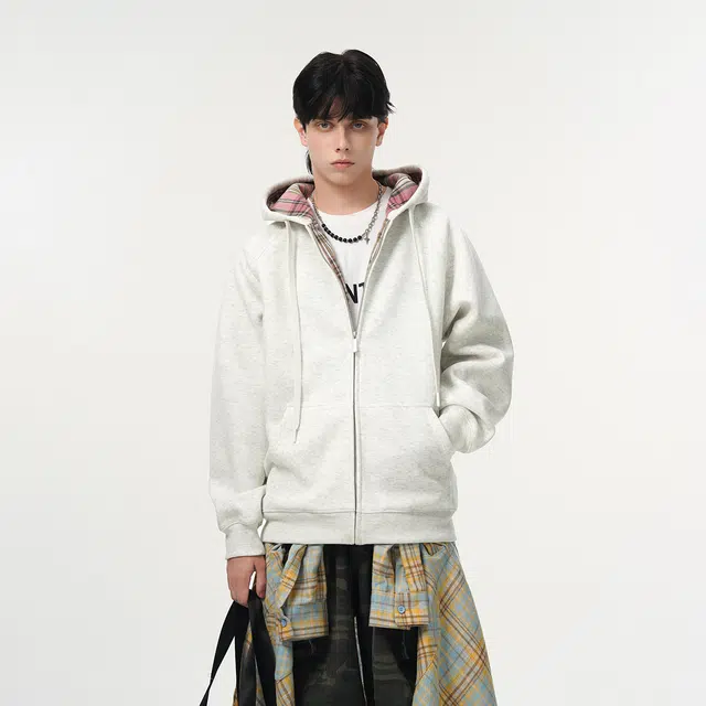 哲源 美式复古重磅开衫连帽男款春秋外套格子拼接设计感上衣潮牌百搭宽松舒适潮流痞帅情侣款休闲卫衣 男女同款