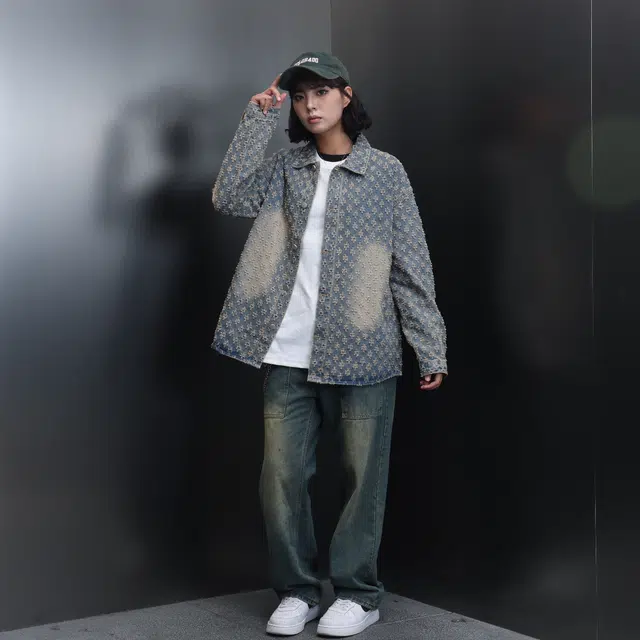 哲源 美式高街复古风提花满印水洗做旧设计感外套潮牌百搭宽松休闲痞帅时尚翻领耐磨基础款牛仔夹克 男女同款