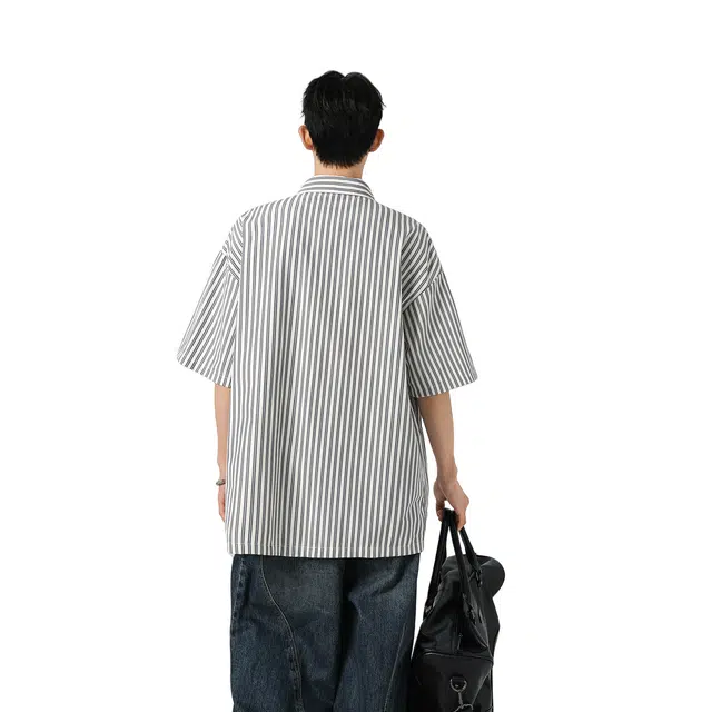 哲源 美式易打理条纹痞帅高级感潮牌宽松大码翻领休闲短袖衬衫 男女同款