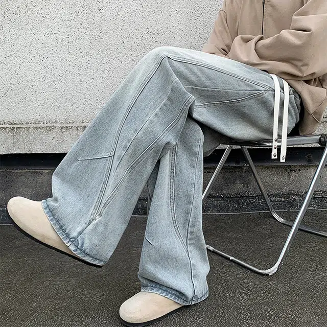 哲源 美式复古高街风基础款长裤水洗做旧侧边拼接渐变简约设计感阔腿裤潮牌百搭宽松舒适显高显瘦休闲微喇牛仔裤 男女同款