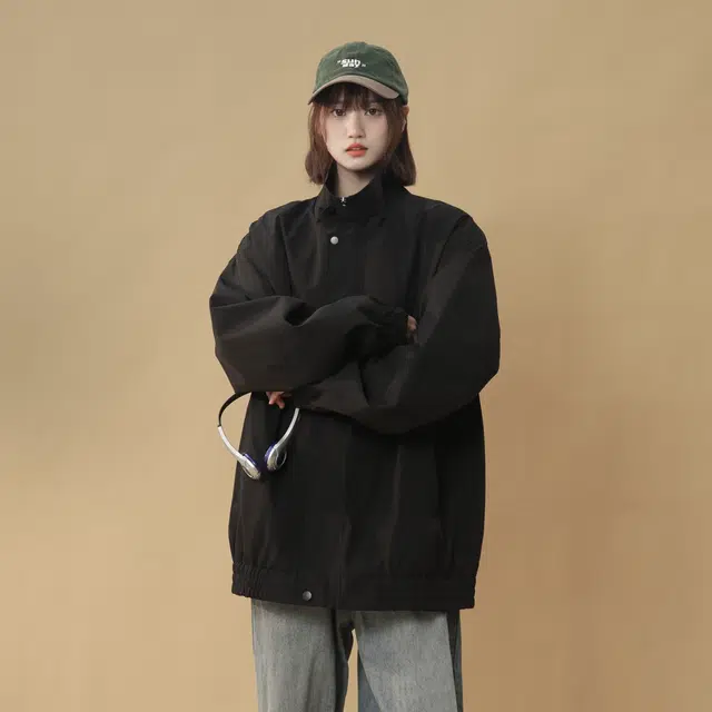 哲源 美式复古基础款上衣纯色简约立领设计感男款春秋工装外套潮牌百搭宽松舒适日常通勤廓形痞帅高级感休闲夹克 男女同款