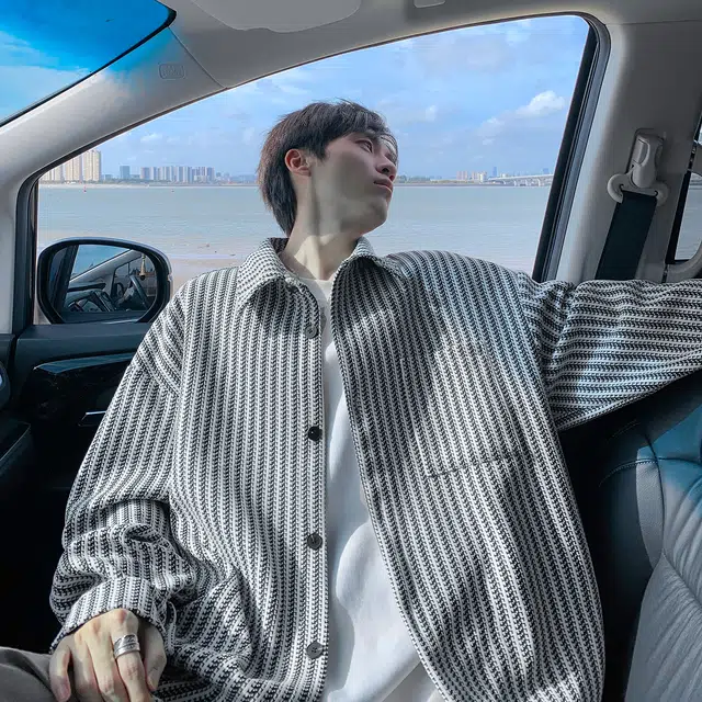 哲源 美式高街学院风秋季复古鱼骨条纹翻领单排扣设计感上衣潮牌百搭宽松舒适慵懒垂感情侣款休闲衬衫 男女同款