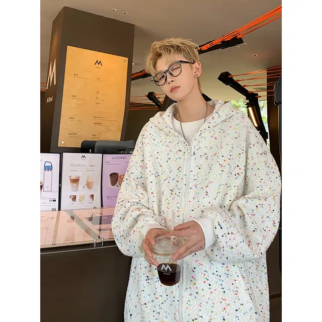 哲源 美式高街甜酷风少年感个性简约彩色圆点点缀设计感上衣潮牌百搭宽松舒适大码慵懒感时髦针织休闲连帽卫衣 男女同款