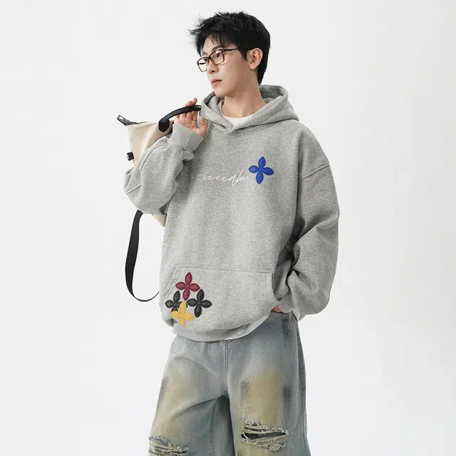 哲源 美式复古重磅字母花卉贴布刺绣设计感春秋外套潮牌舒适日常通勤百搭宽松休闲连帽卫衣 男女同款