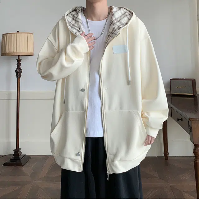 哲源 美式高街复古简约风上衣纯色基础款开衫设计感外套潮牌百搭宽松舒适休闲连帽卫衣 男女同款