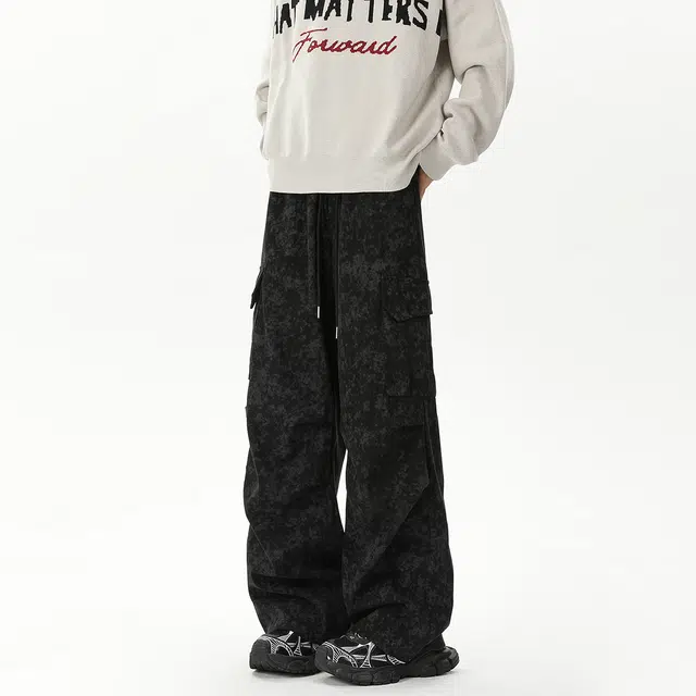 哲源 美式复古高街风长裤褶皱大口袋户外山系中腰松紧系带设计感工装裤潮牌百搭宽松舒适日常通勤显高显瘦直筒阔腿休闲裤 男女同款