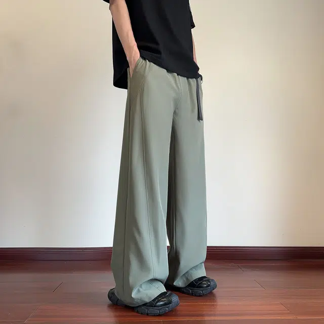 哲源 简约纯色拼接设计冰丝弯刀裤宽松大码直筒垂感阔腿裤百搭舒适通勤飘带设计薄款透气运动休闲裤 男女同款