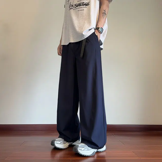 哲源 简约纯色拼接设计冰丝弯刀裤宽松大码直筒垂感阔腿裤百搭舒适通勤飘带设计薄款透气运动休闲裤 男女同款