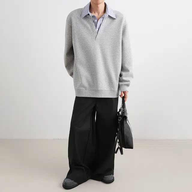 哲源 美式复古学院风长袖简约纯色拼接假两件条纹翻领设计感男款春秋外套潮牌百搭宽松舒适日常通勤时尚痞帅休闲卫衣 男女同款