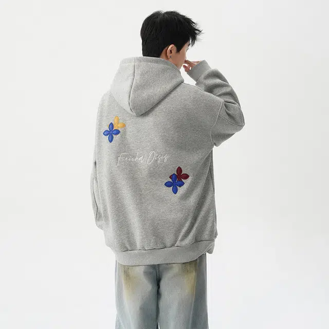 哲源 美式复古重磅字母花卉贴布刺绣设计感春秋外套潮牌舒适日常通勤百搭宽松休闲连帽卫衣 男女同款