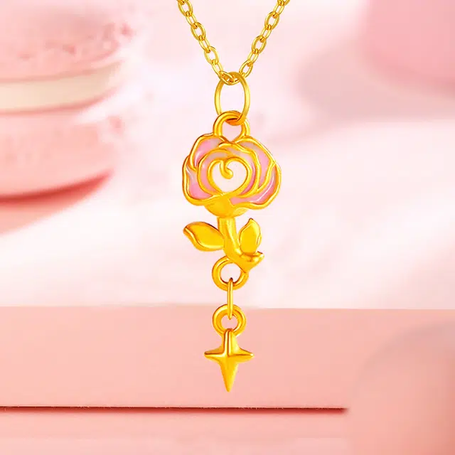 蒂蔻珠宝 时尚潮流莫奈玫瑰花吊坠 足金 一口价 黄金项链 女款