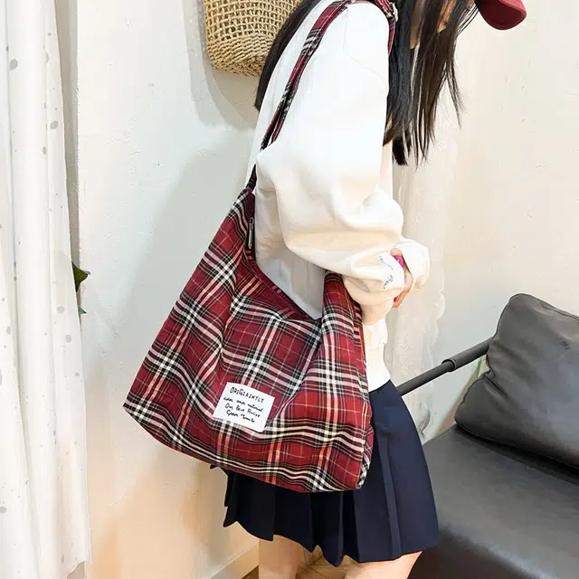 垣途者 日系格子小清新百搭 复合布 托特包单肩斜挎包 女款 红色/蓝色