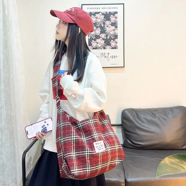 垣途者 日系格子小清新百搭 复合布 托特包单肩斜挎包 女款 红色/蓝色