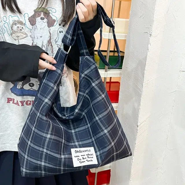 垣途者 日系格子小清新百搭 复合布 托特包单肩斜挎包 女款 红色/蓝色