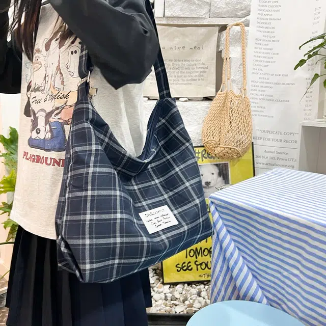 垣途者 日系格子小清新百搭 复合布 托特包单肩斜挎包 女款 红色/蓝色