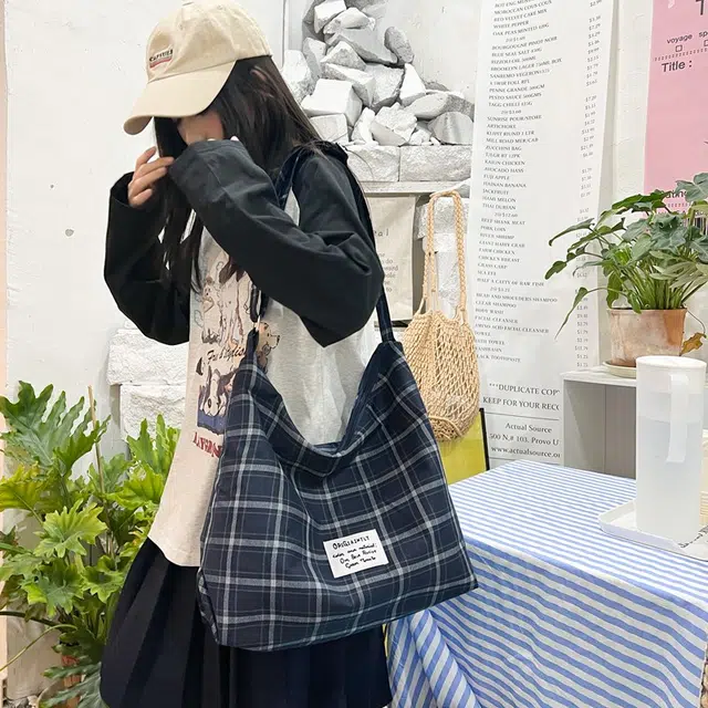 垣途者 日系格子小清新百搭 复合布 托特包单肩斜挎包 女款 红色/蓝色