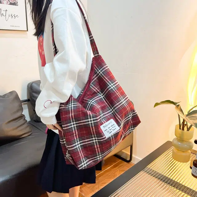 垣途者 日系格子小清新百搭 复合布 托特包单肩斜挎包 女款 红色/蓝色