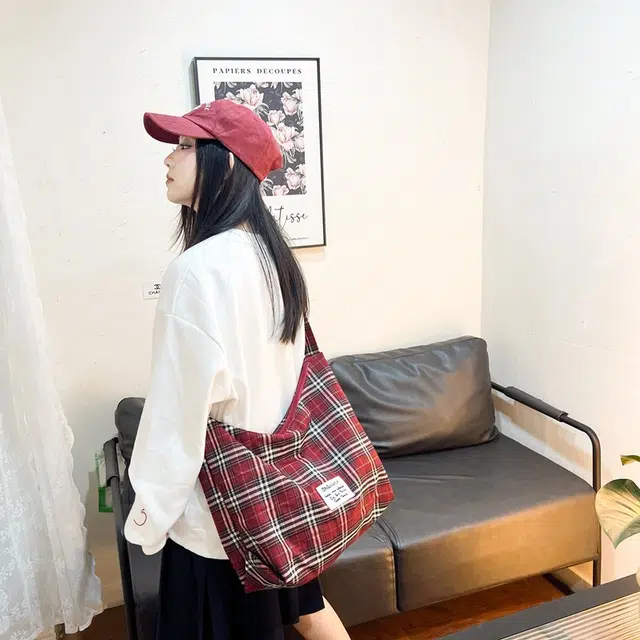 垣途者 日系格子小清新百搭 复合布 托特包单肩斜挎包 女款 红色/蓝色