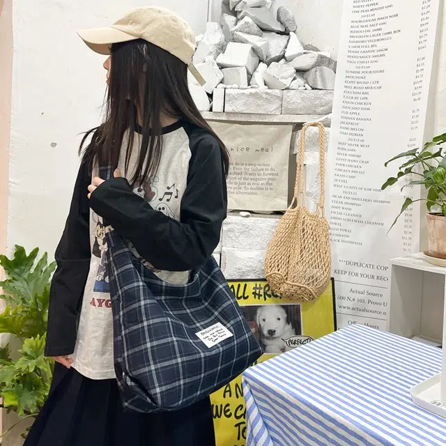 垣途者 日系格子小清新百搭 复合布 托特包单肩斜挎包 女款 红色/蓝色