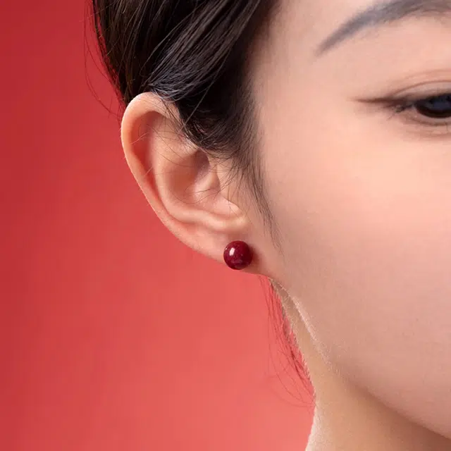 一世倾 新中式本命年平安转运珠养吉祥如意招财纳福 好运 朱砂 耳钉 男女同款情侣款