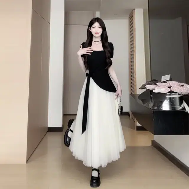 依钗 法式方领赫本风甜美简约气质礼服公主裙假两件网纱拼接蝴蝶结甜美蓬裙裙身设计感绑带收腰显瘦且舒适时尚优雅短袖连衣裙 女款