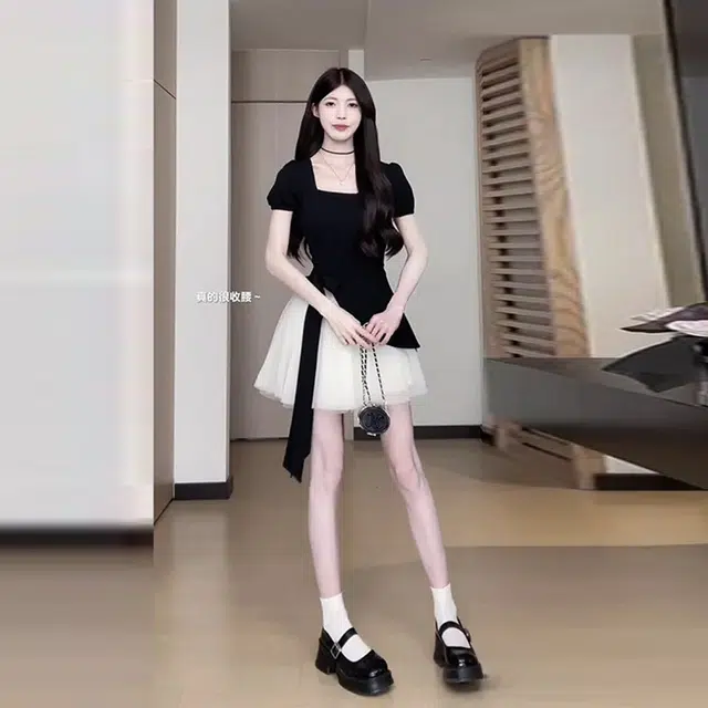 依钗 法式方领赫本风甜美简约气质礼服公主裙假两件网纱拼接蝴蝶结甜美蓬裙裙身设计感绑带收腰显瘦且舒适时尚优雅短袖连衣裙 女款