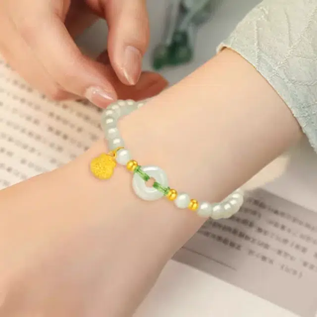 鸳鸯金楼 招财进宝平安扣  新中式国潮风  平安无忧 薄荷曼清新优雅高级感 日常时髦超百搭 好运 足金 一口价 黄金手串 女款 黄色