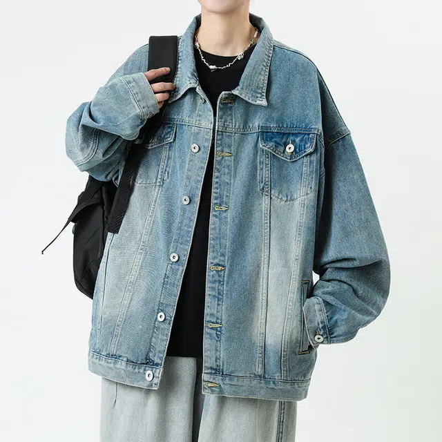 雅鹿 美式简约基础款水洗做旧翻领潮流潮牌时尚口袋休闲宽松牛仔夹克外套 男女同款 复古蓝