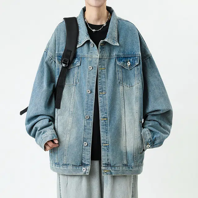 雅鹿 美式简约基础款水洗做旧翻领潮流潮牌时尚口袋休闲宽松牛仔夹克外套 男女同款 复古蓝