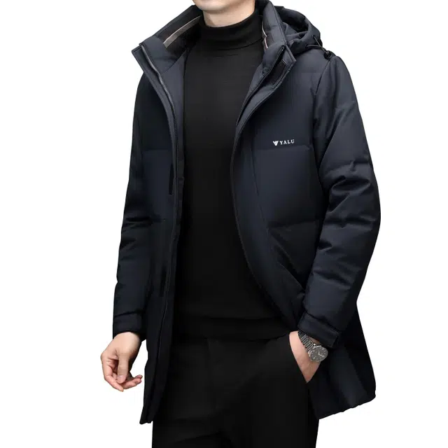 雅鹿 中长款简约纯色连帽百搭防风保暖通勤羽绒服 男女同款