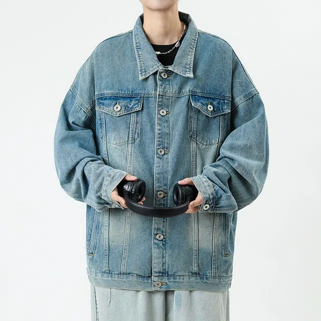 雅鹿 美式简约基础款水洗做旧翻领潮流潮牌时尚口袋休闲宽松牛仔夹克外套 男女同款 复古蓝