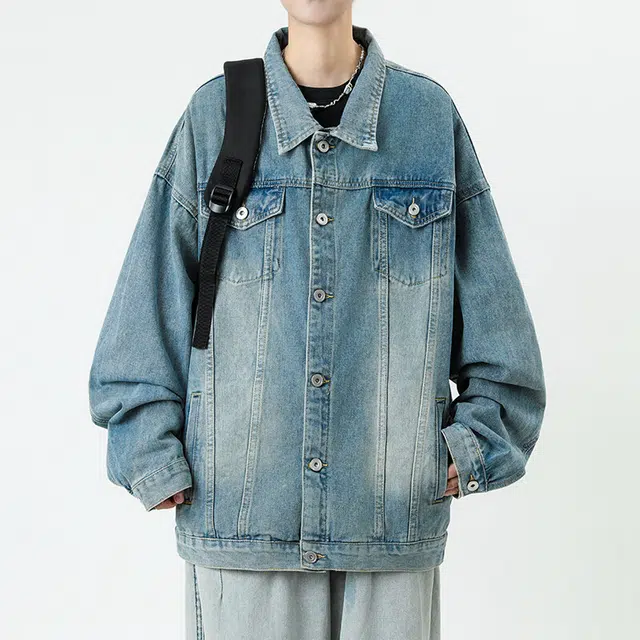 雅鹿 美式简约基础款水洗做旧翻领潮流潮牌时尚口袋休闲宽松牛仔夹克外套 男女同款 复古蓝
