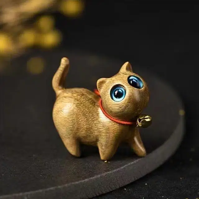 琢玉居 小猫可爱动物创意迷你猫咪文玩#好运 檀木 摆件 男女同款情侣款