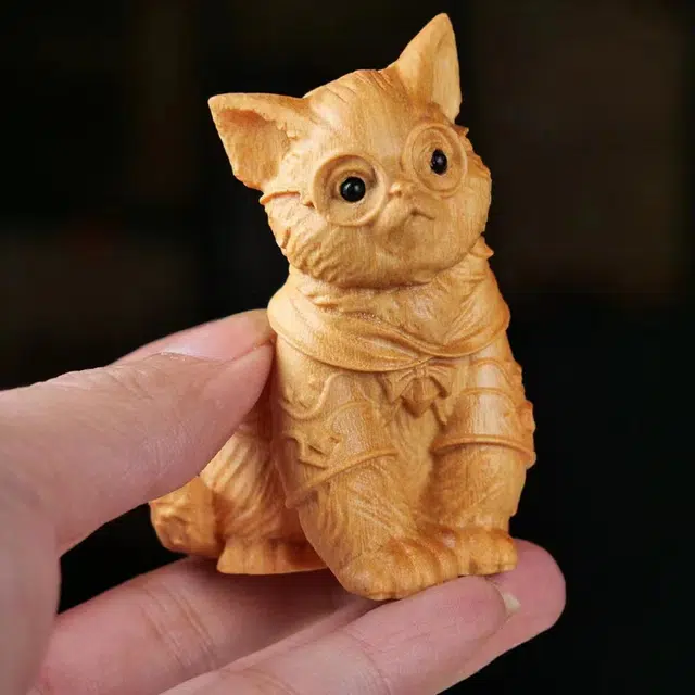琢玉居 猫咪 可爱萌宠桌面 汽车 好运招财 实木雕刻 檀木 摆件 男女同款情侣款