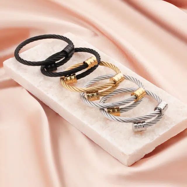 琢玉居 麻花钢丝绳圆柱 嘻哈朋克开口抛光 钛钢 手镯 男女同款情侣款